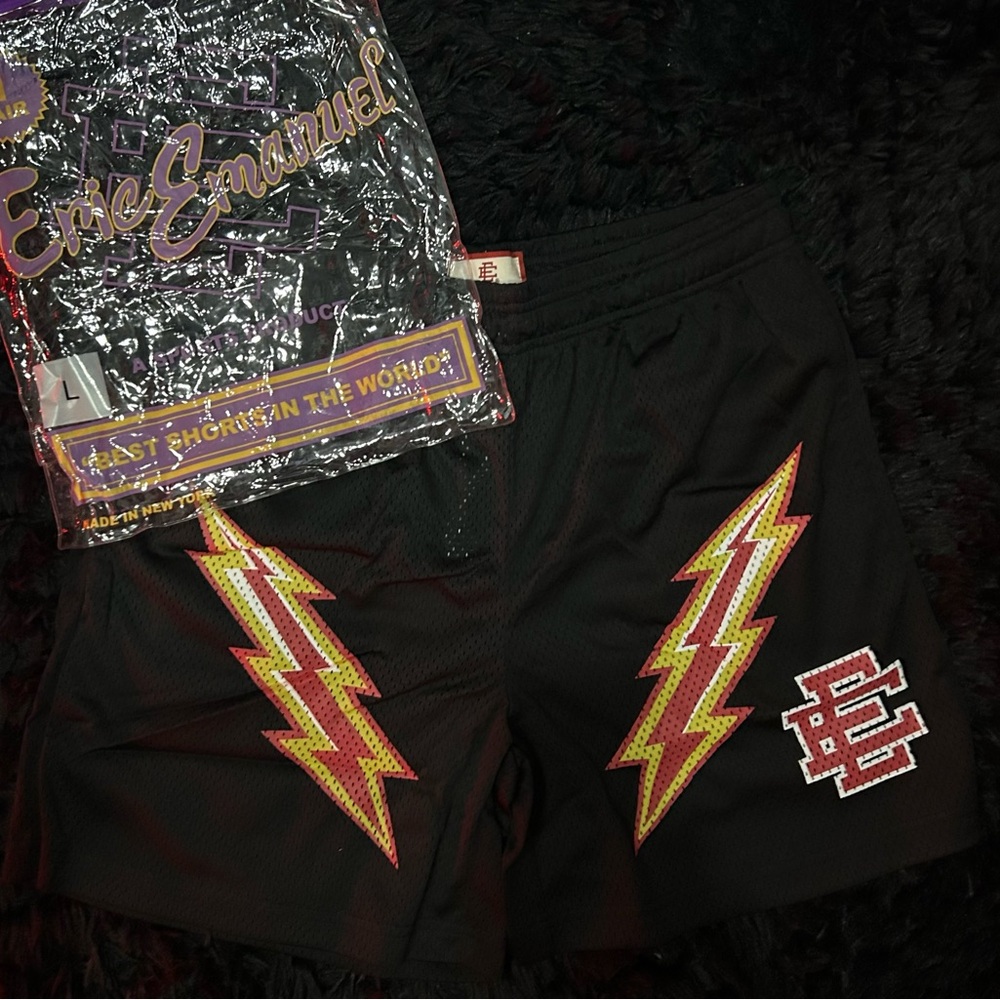 Eric Emanuel Black Shorts with Yellow Lightning Bolts